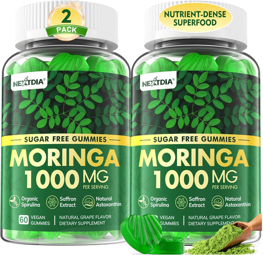 Organic Moringa Gummies 1000mg - Whole Food Green Superfood, Rich in Vegan Protein, Fiber, B-Complex, Potassium, Magnesium, Calcium - w\/Spirulina, Saffron, Ashwagandha for Energy & Gut Health, 120Cts