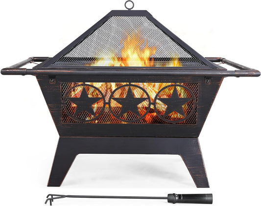 Yaheetech Fire Pit 32in Fire Pits for Outside Outdoor Fireplace Large Square Wood Burning Fire Pit Heavy Duty for Patio BBQ Camping Bonfire with Spark Screen, Mesh Cover, Poker
