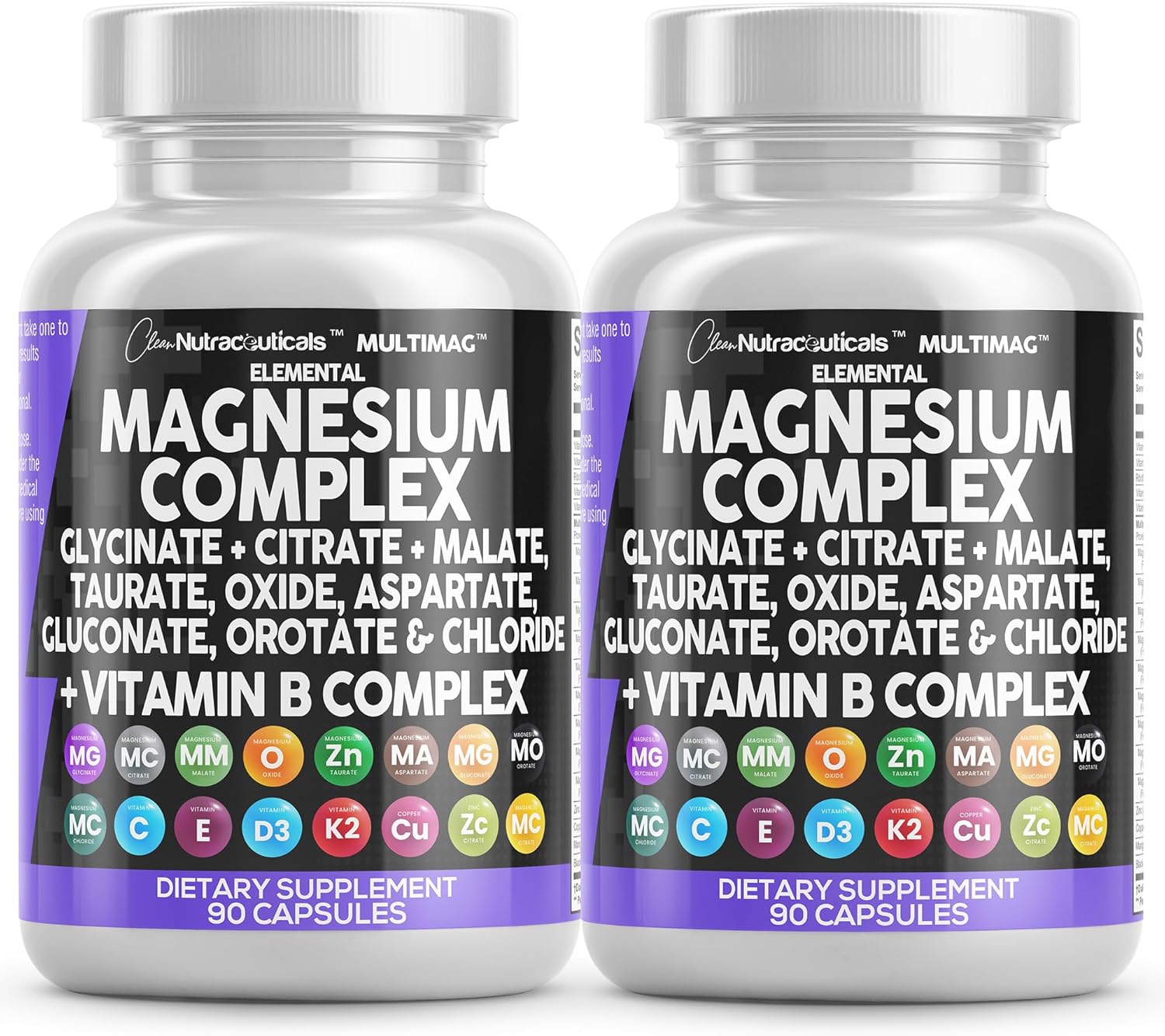 Clean Nutraceuticals Magnesium Complex 2285mg with Magnesium Glycinate Citrate Malate Oxide Taurate Aspartate Orotate & Mag Chloride, Zinc Copper Manganese & Vitamin C B1 B2 B6 B12 Complex - 2Pack