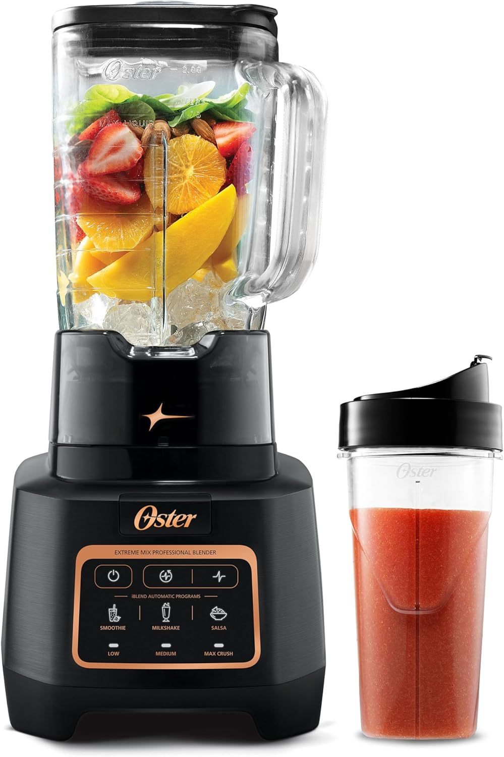 Oster Extreme Mix Blender, 64oz Glass Jar, 3 iBlend Preset Functions, 1600-Watts, 10-Point Blade Stack with Titanium Coating & 24oz Blend-N-Go Cup