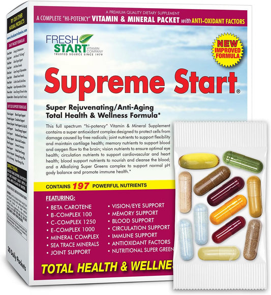 Supreme Start Complete Daily Vitamin Pack | Anti-Aging & Rejuvenation, Skin Booster & Joint Support | Vitamin A, B, C, D, E, Minerals, Resveratrol, Blueberry, Glutathione, Super Greens (30 Packets)