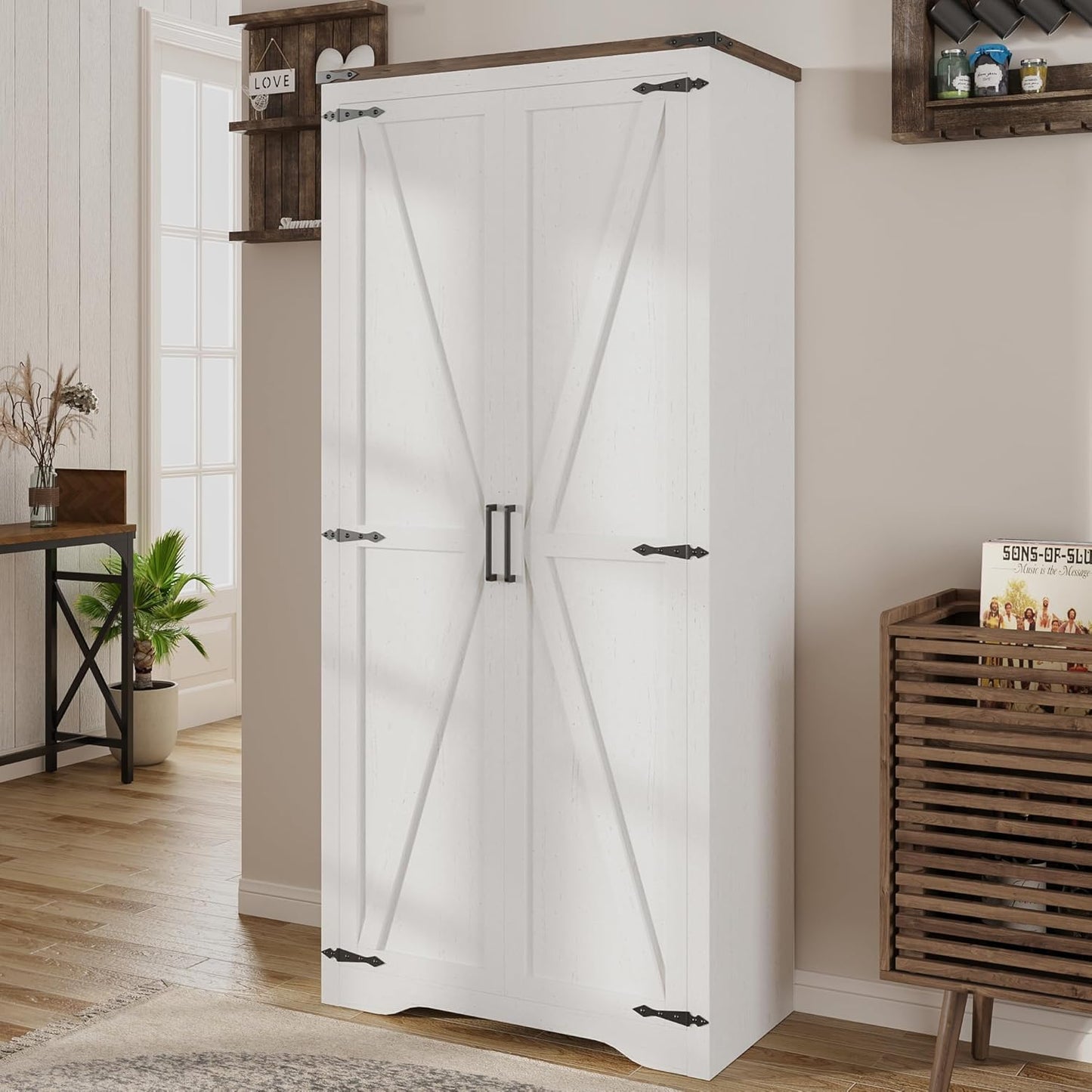Befrases White Tall Farmhouse Storage Cabinet with Adjustable Shelves, Large Pantry Organize with 2 Barn Doors, Freestanding Cabinet for Kitchen, Garage, Basement, Living, Utility Room