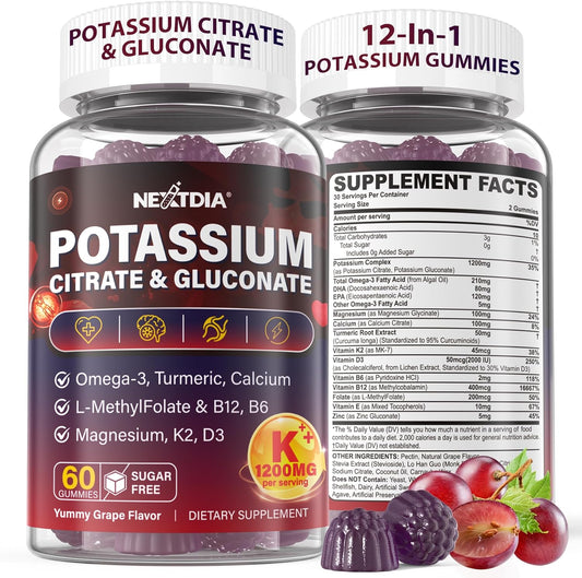 Potassium Citrate and Potassium Gluconate Supplement, 1200mg Two Forms of Potassium Gummies, w\/Magnesium, Omega-3, Calcium, Vitamin D3 K2 B12 E B6, Folate for Muscles, Nerves, Health Bones, 120Cts