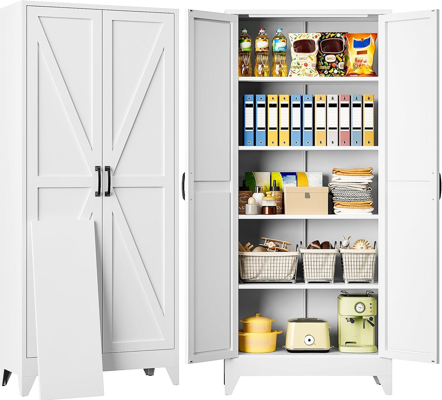 75" Tall Pantry Cabinet,Farmhouse Kitchen Pantry Storage Cabinets with 2 Doors and 5 Shelves,White Metal Storage Cabinet,Large Cupboard for Home,Kitchen,Dining\/Living Room