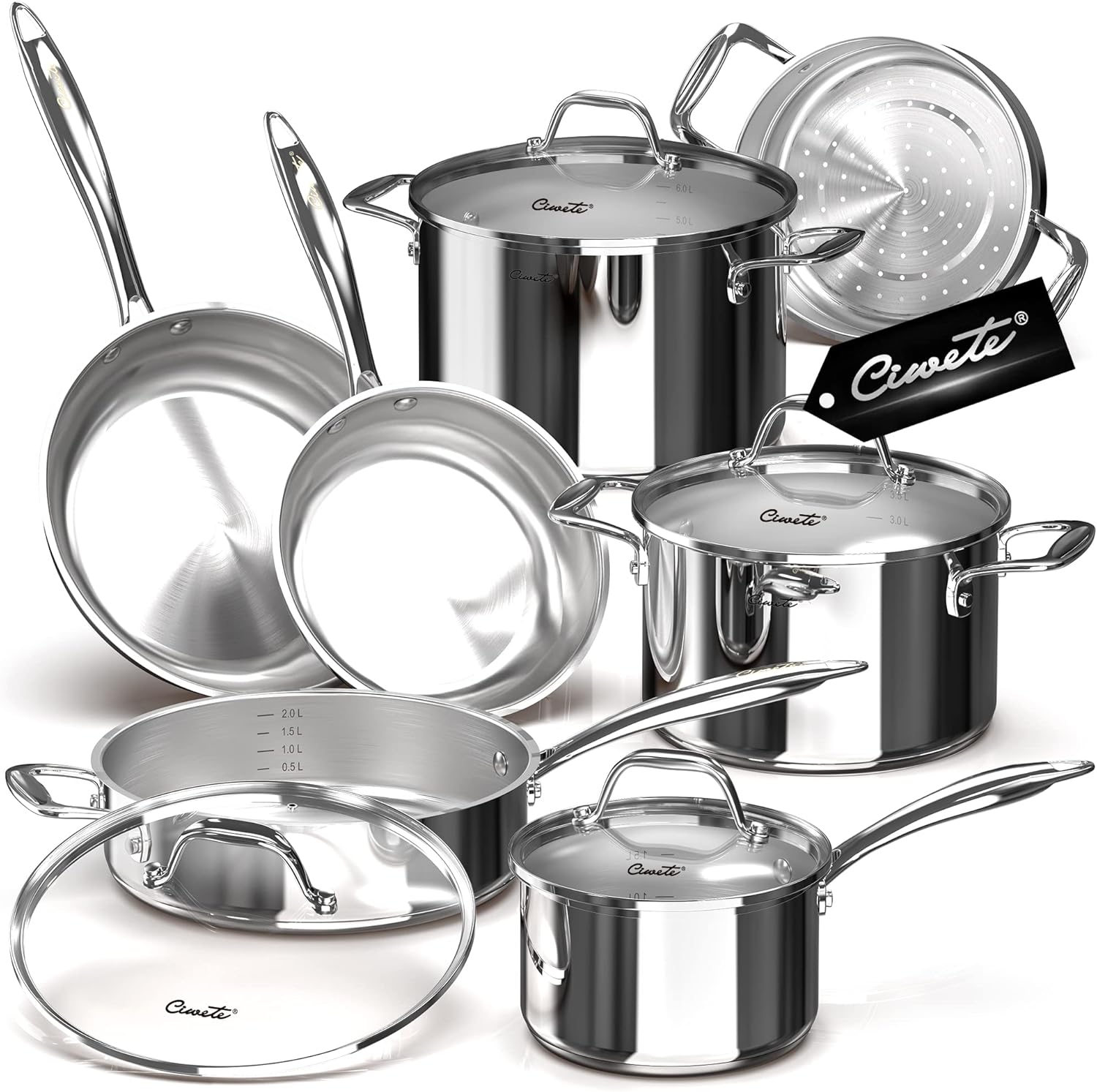Ciwete Tri-Ply Stainless Steel Pots and Pans Set 11-PC, 18\/10 Stainless Steel Induction Cookware Set with Steamer Insert, Kitchen Cookware Sets with Stay Cool Ergonomic Handles, Dishwasher, Oven Safe