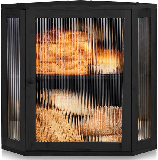BRONYPRO Double Layer Corner Bread Box for Kitchen Counter with Height-adjustable Partition, Extra Large Black Bamboo Wooden Bread Box for Multiple Loaves, Modern Breadbox for Kitchen Countertop