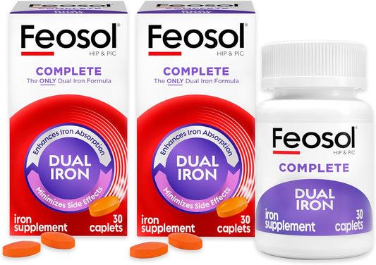 Feosol Complete Iron Supplement Caplets, Bifera Iron for High Absorption, Heme and Non-Heme Dual Action Minimizes Side Effects, 1 Per Day, Energy and Immune System Support, Pack of 2, Total 60 Count