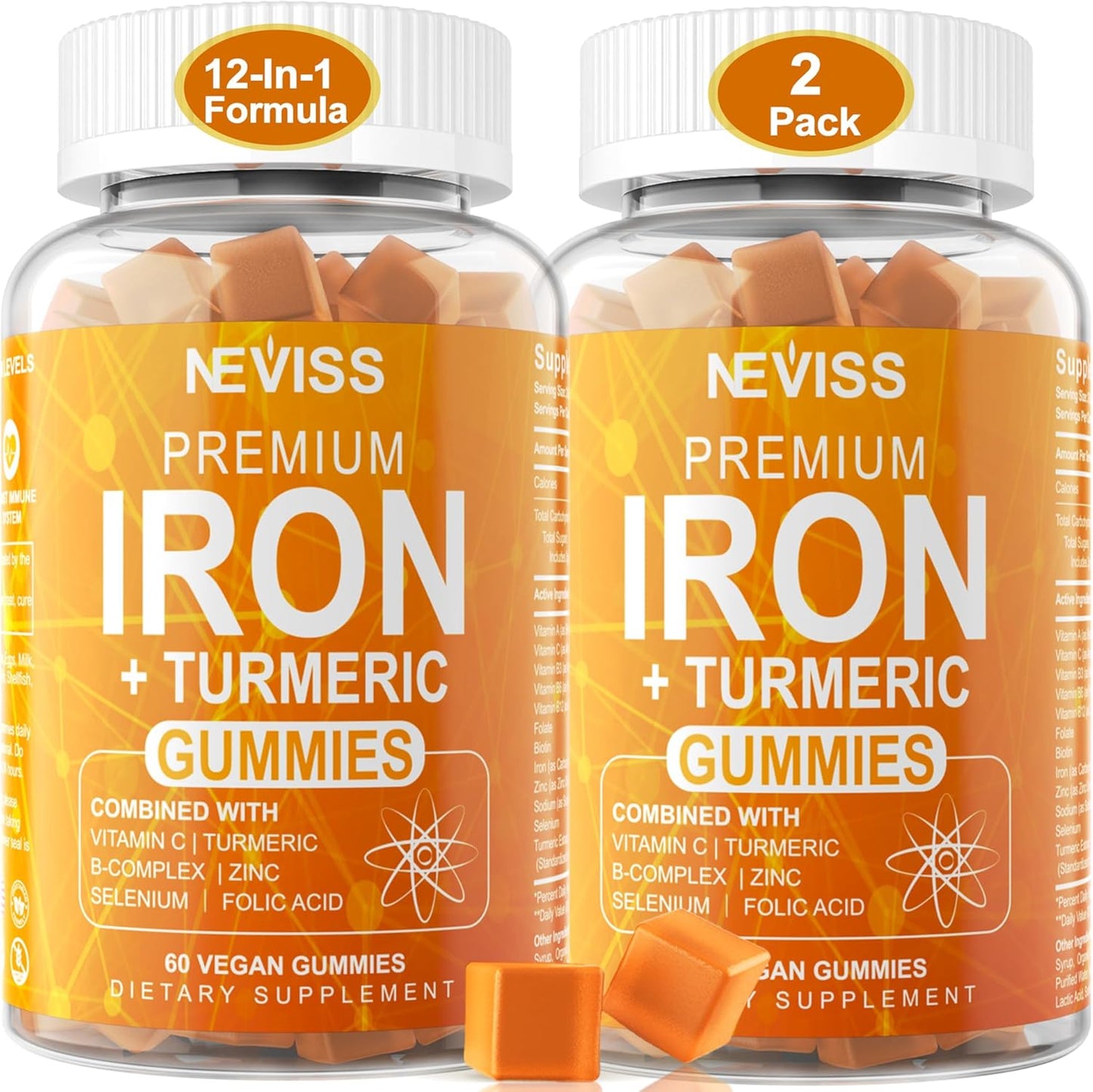 Iron Gummies + Turmeric 600mg for Women Men, Iron Supplement with Multivitamins C, A, B-Complex, Folate, Zinc for Iron Deficiency, Anemia and Energy, Gentle, Non-Constipating, Chewable, Vegan, 2 Pack