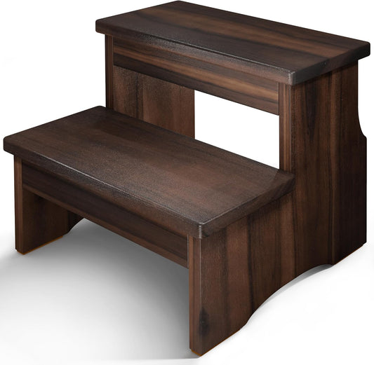 FANATU Wooden Two Step Stool, Heavy Duty 2-Step Ladder for Adults & Kids, Supports up to 450lbs for Kitchen, Bathroom or Bedside Use (Walnut Finish)