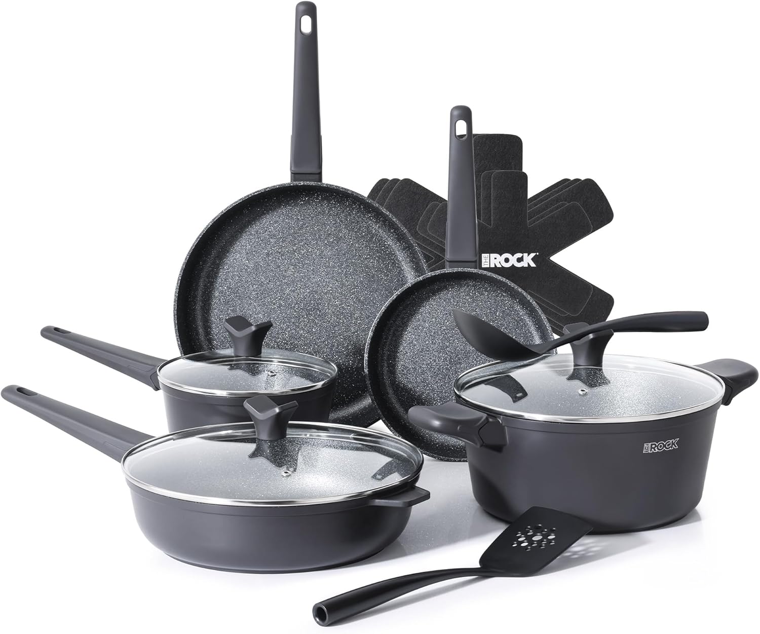 THE ROCK SOHO 15Pcs Cookware Set \u2013 Pots and Pans Set Non Stick with ROCK.TEC \u2013 Compact for Urban Kitchens, Nothing Sticks, Never Warps, Lasts Longer, Induction & Dishwasher Safe, Black