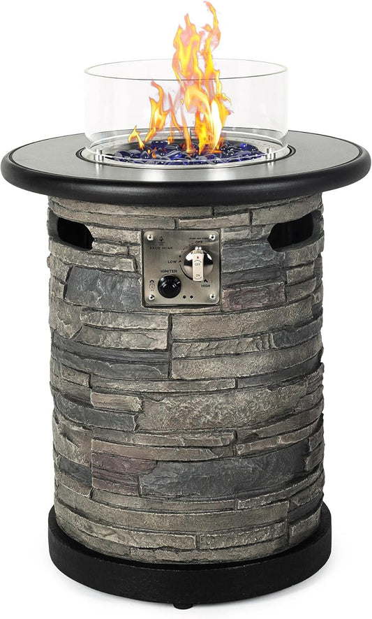 BAIDE HOME Outdoor Propane Fire Pit Table, Round Porcelain Tile Top 22" Fire Bowl Column W\/ 40,000 BTU Firepit Table Auto-Ignition 400D Cover Glass Rocks for Outside Patio