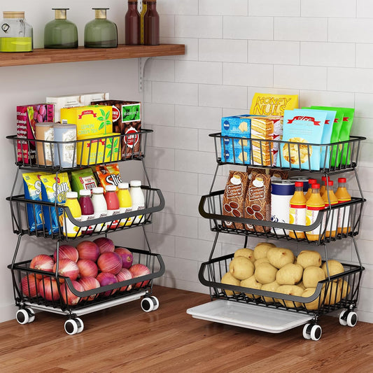3-Tier Rolling Pantry Floor Organizer, Stackable Pantry Storage Cart with Wheels, Metal Wire Pantry Baskets, Kitchen Fruit Basket Stand, Vegetable Storage Rack for Fruits Snacks Onions Potatoes