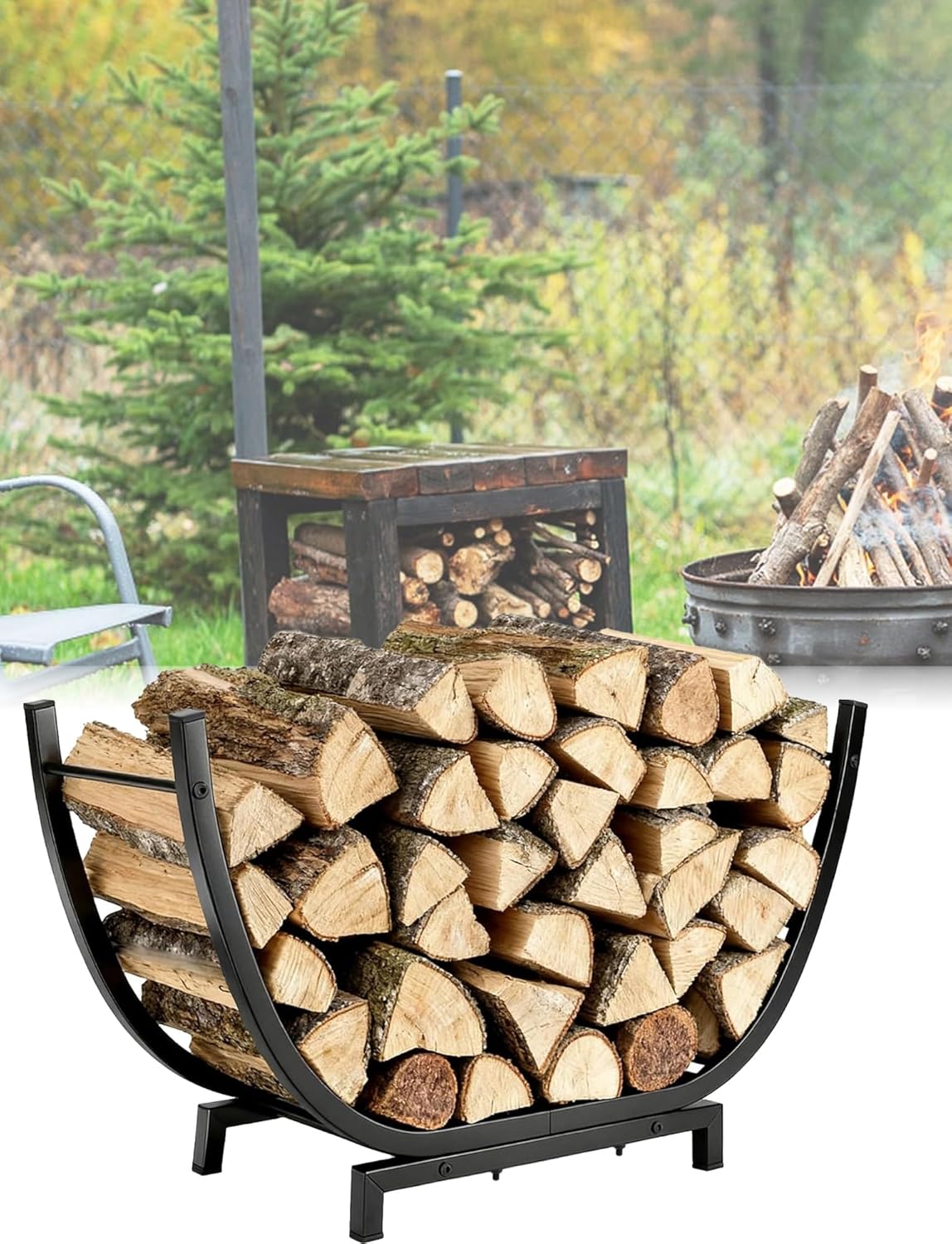 Firewood Rack, 30 Inch Indoor Outdoor Log Firewood Holder, Metal Fireplace Wood Storage, for Fireplace Patio and Yard