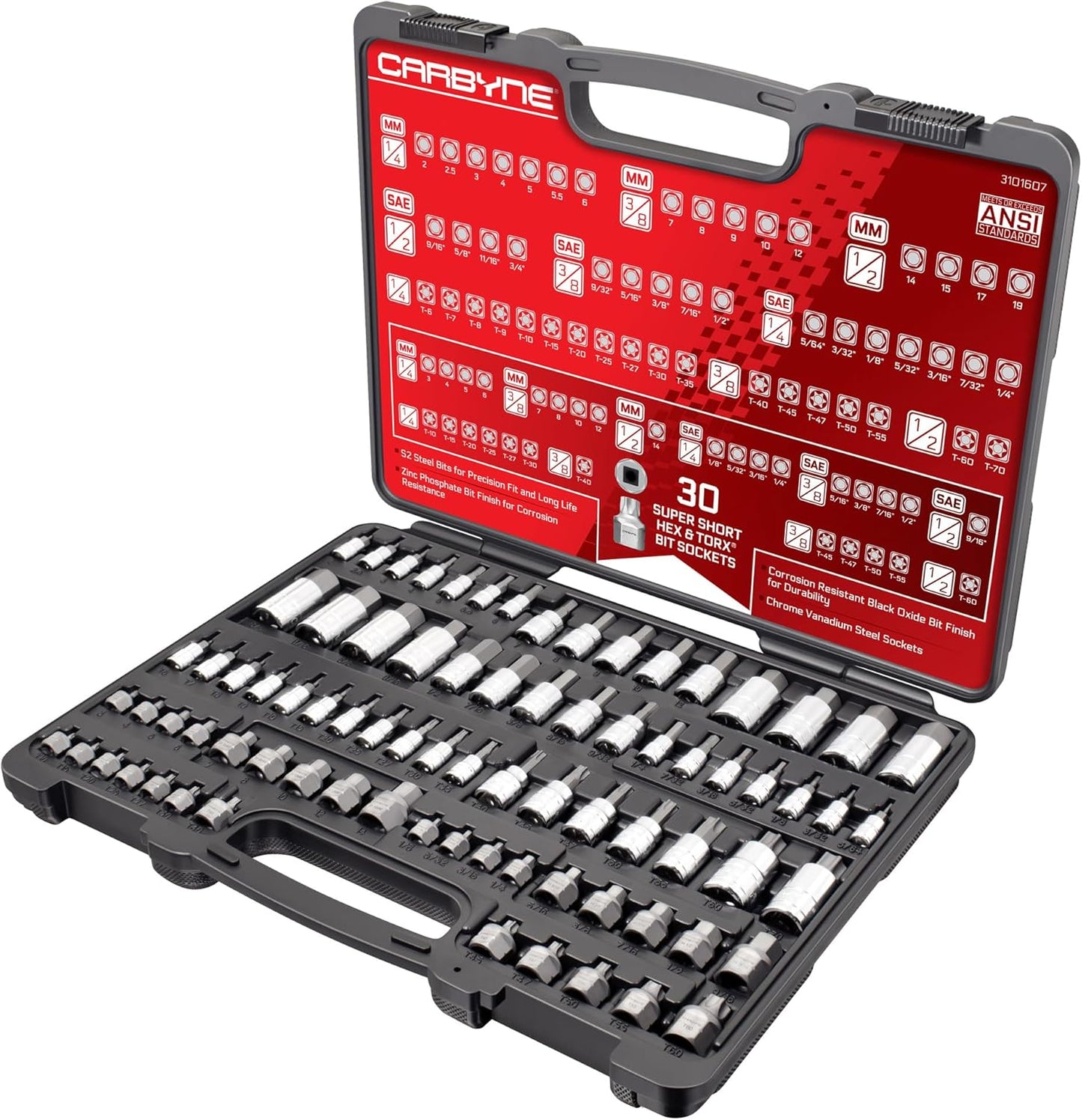 Carbyne 80-Piece Torx, SAE Hex (Allen) & Metric Hex (Allen) Bit Socket Set with 30 Super Short Bit Sockets, Cr-V Steel Sockets, S2 Steel Bits, Durable Storage Case