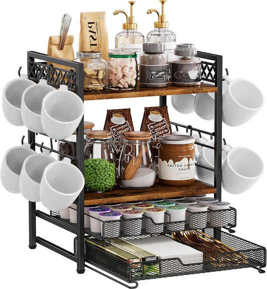 Coffee Bar Organizer Countertop Station Shelf - 4 Tier Mug Holder Stand With 12 Hooks, 30 K Cup Pod Drawer, Multifunctional Shelf for Accessories Kitchen