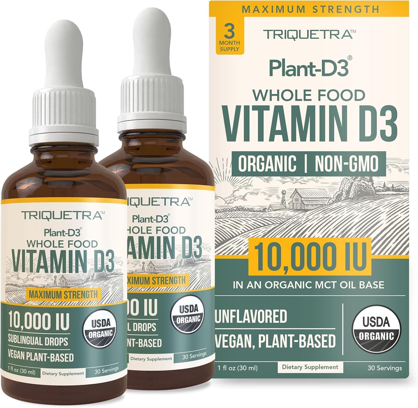 Organic Vitamin D3 10,000 IU - Plant D3, Vegan, Max Strength Sublingual Liquid D3 Drops - 200% Higher Absorption, 100% Plant-Based Cholecalciferol Form & Vegan D3, Adjustable Dosing (1oz - 2 Pack)