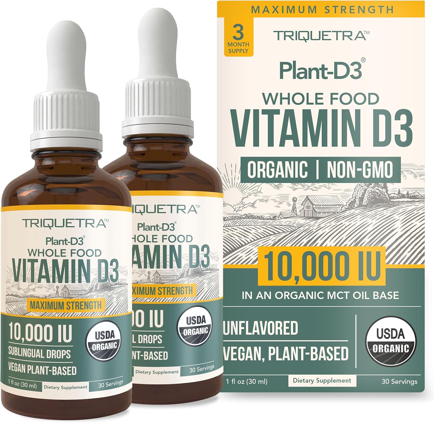 Organic Vitamin D3 10,000 IU - Plant D3, Vegan, Max Strength Sublingual Liquid D3 Drops - 200% Higher Absorption, 100% Plant-Based Cholecalciferol Form & Vegan D3, Adjustable Dosing (1oz - 2 Pack)