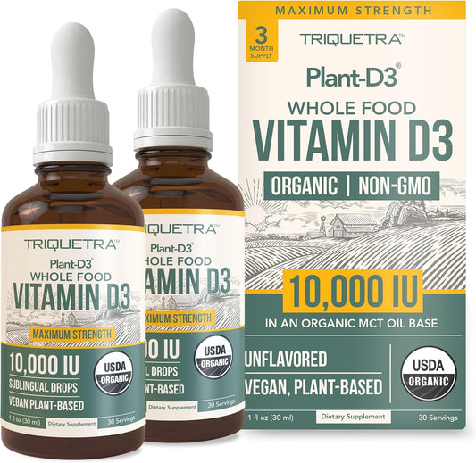 Organic Vitamin D3 10,000 IU - Plant D3, Vegan, Max Strength Sublingual Liquid D3 Drops - 200% Higher Absorption, 100% Plant-Based Cholecalciferol Form & Vegan D3, Adjustable Dosing (1oz - 2 Pack)