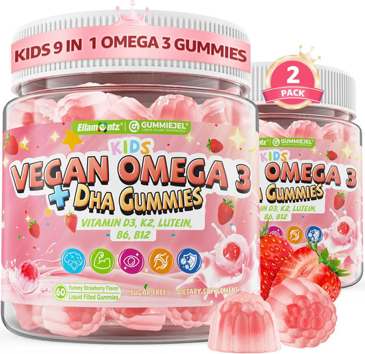 Omega 3 Gummies for Kids 4+, with DHA, Vitamin D3 K2, C, B6 B12, Luetin & Omega 3 6 9, No Fish Taste, Sugar Free Kids Vitamins Gummies, for Brain Bone Eyes Focus Immunity, Fish Oil Alternative, 120Cts