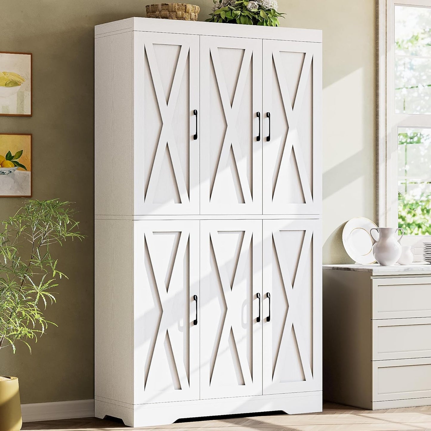 ANCTOR Kitchen Pantry Cabinet with LED Lights, 6 Barn Doors, 71.3" H ×39.4" W, Large Wooden Storage Cabinet with 12 Shelves, Freestanding Cupboard with Door Storage Rack for Dining Room, White