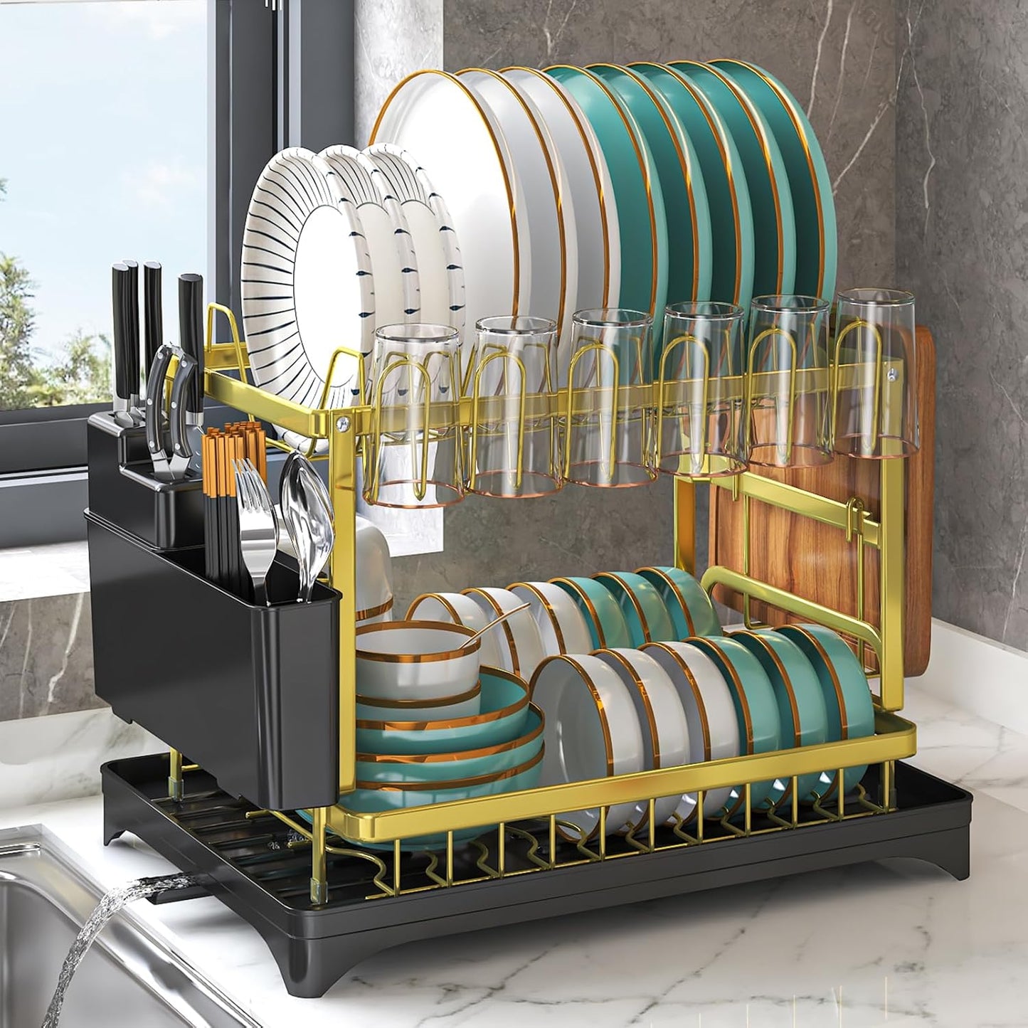Dish Drying Rack Gold, Multifunctional Dish Racks for Kitchen Counter with Drainboard 2 Tier Dish Drainer Large Capacity for Knifes\/Cup\/Cutting Board