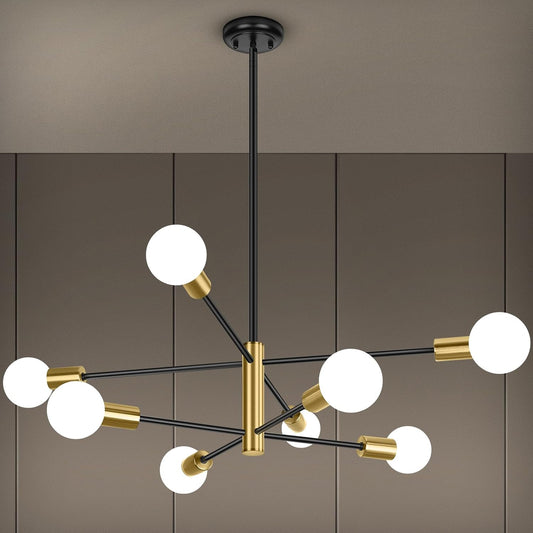 BesLowe 8-Light Modern Sputnik Chandelier, Mid Century Black & Gold Chandeliers Lighting, Farmhouse Ceiling Hanging Light Fixture for Dining Room Bedroom Room Kitchen Foyer, Height Adjustable