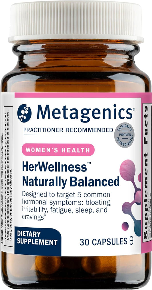 Metagenics HerWellness Naturally Balanced - Women's Hormone Support with Saffron, Licorice Root, Vitamin B6 & Chromium - Supports Bloating, Mood, Stress, Sleep & Energy - Gluten-Free - 30 Capsules