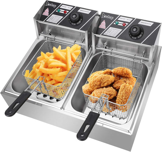 Commercial Deep Fryer with Basket & Lid, Max 2500W 12.7QT Stainless Steel Electric Countertop Frying Machine with Removable Tanks and Baskets, Large Capacity for French Fries Fish Turkey (2pcs)