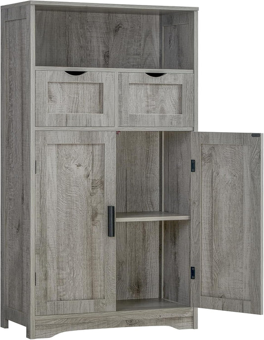 Iwell Storage Cabinet with 2 Drawers & 2 Adjustable Shelves, Kitchen Cabinet, Cupboard, for Living Room, Kitchen, Entryway, Home Office, Grey