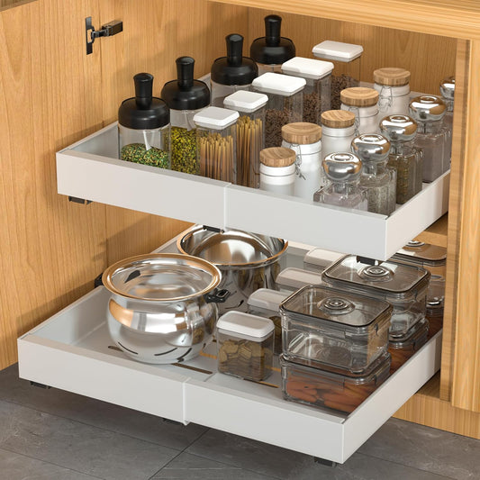 DEKAVA 2 Pack Pull Out Cabinet Organizer Expandable, Adhesive with Nano Film, Pull Out Drawers for Cabinets in Kitchen, Pantry or Bathroom (White, 21" DEEPX[12"-20''] Width-2PACK)