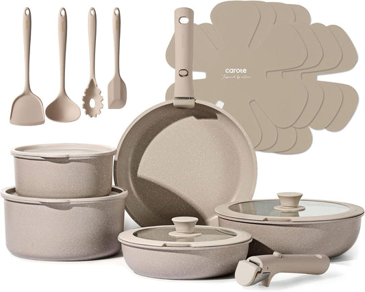 CAROTE 19pcs Pots and Pans Set Non Stick, Nonstick Cookware Set Detachable Handle, Induction Kitchen Cooking Sets with Removable Handle, RV Kitchen, Oven Safe, Taupe
