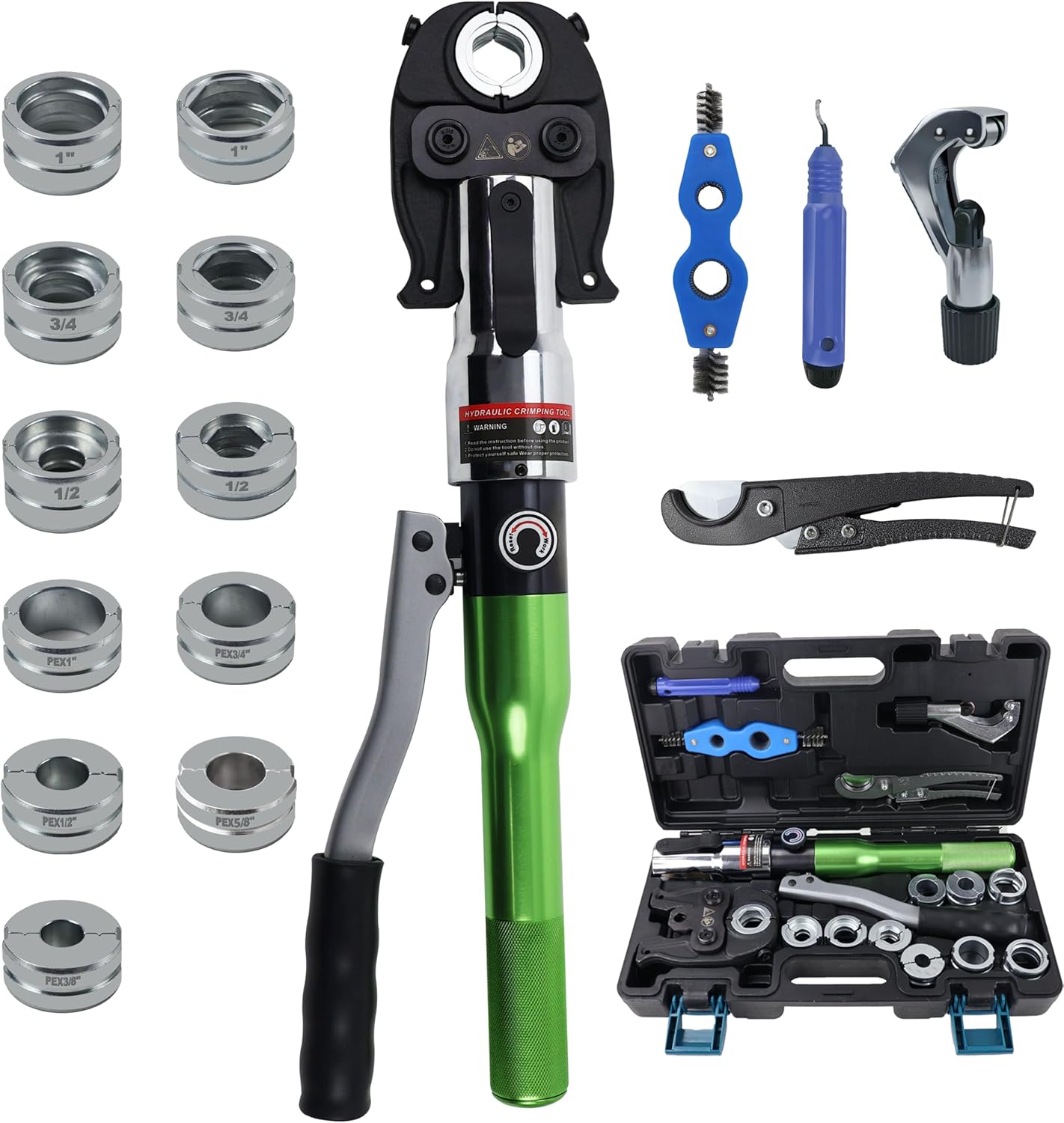 AMZCNC Pipe Press Tool with1\/2,3\/4,1" Dies for Copper Pipe and F877 Stainless PEX Press Sleeves,3\/8",1\/2",5\/8",3\/4",1" Dies for ASTM F1807 Pex Pipe Copper Ring Pipe Fittings Crimping Tool