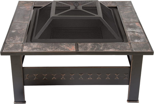 Fire Pit - 32-Inch Outdoor Firepit Table with Screen, Cover, and Poker - Outdoor Fire Pits for Backyard, Deck, Patio, or Porch by Pure Garden (Bronze)