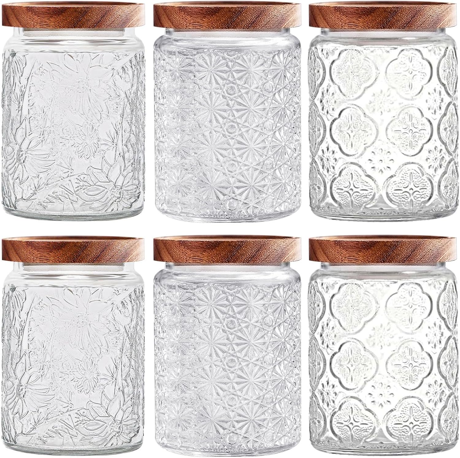 yoqelt Vintage Glass Jars with Wooden Lids, 6 Pack 24 oz Airtight Glass Food Storage Containers Sets for the Kitchen, Sugar Coffee Candy Spice Cookie Tea Pasta