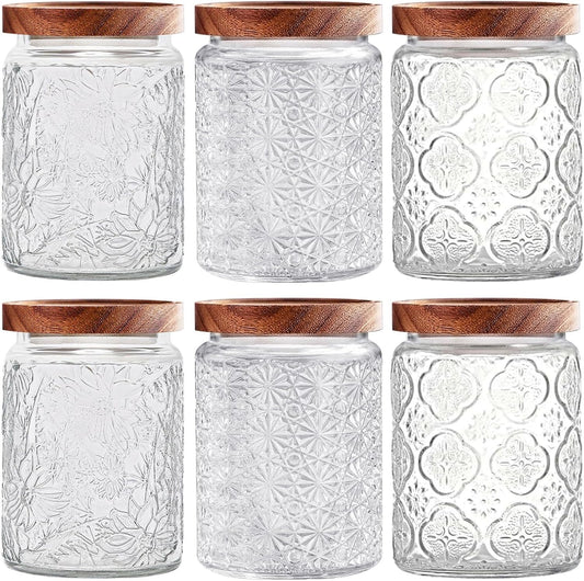 yoqelt Vintage Glass Jars with Wooden Lids, 6 Pack 24 oz Airtight Glass Food Storage Containers Sets for the Kitchen, Sugar Coffee Candy Spice Cookie Tea Pasta