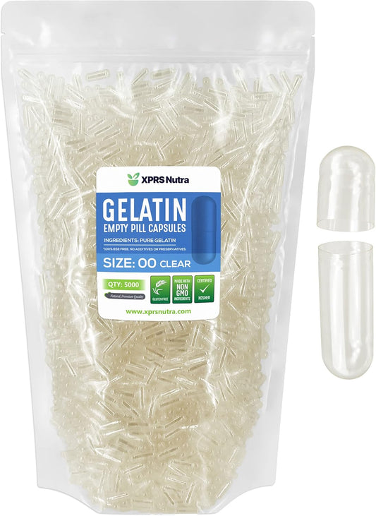 XPRS Nutra Size 00 Empty Capsules - 5000 Count Clear Empty Gelatin Capsules - Pills DIY Capsule Filling - Fillable Pill Gel Caps for Do It Yourself Supplements