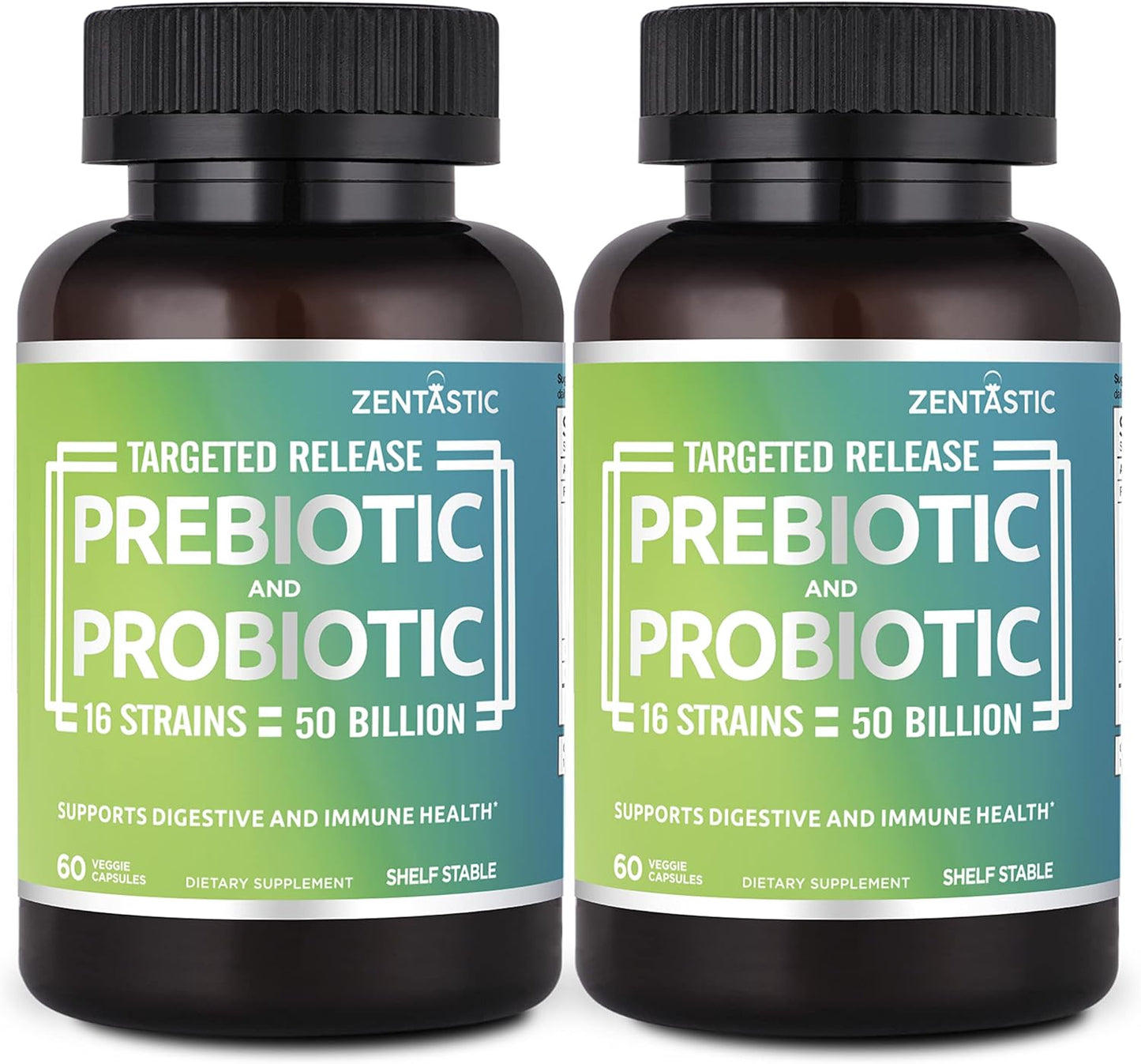 Zentastic Probiotics & Prebiotics Supplement - 50 Billion CFU - for Men & Women\u2019s Immune & Digestive Health - 16 Strains - Shelf Stable - 120 Delayed Release Veggie Capsules