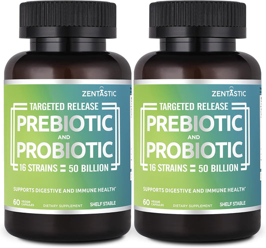 Zentastic Probiotics & Prebiotics Supplement - 50 Billion CFU - for Men & Women\u2019s Immune & Digestive Health - 16 Strains - Shelf Stable - 120 Delayed Release Veggie Capsules