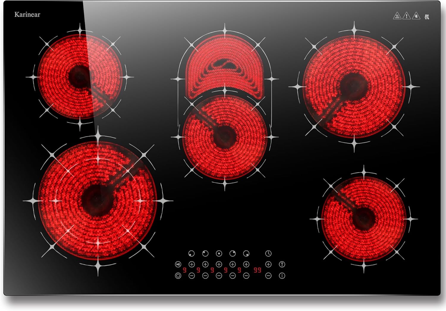 Karinear Electric Cooktop 30 Inch, 5 Burners Electric Stovetop, Sensor Touch Control, Multi-functional Ceramic Cooktop, Drop-in Install, 8400W 220V(No Plug)