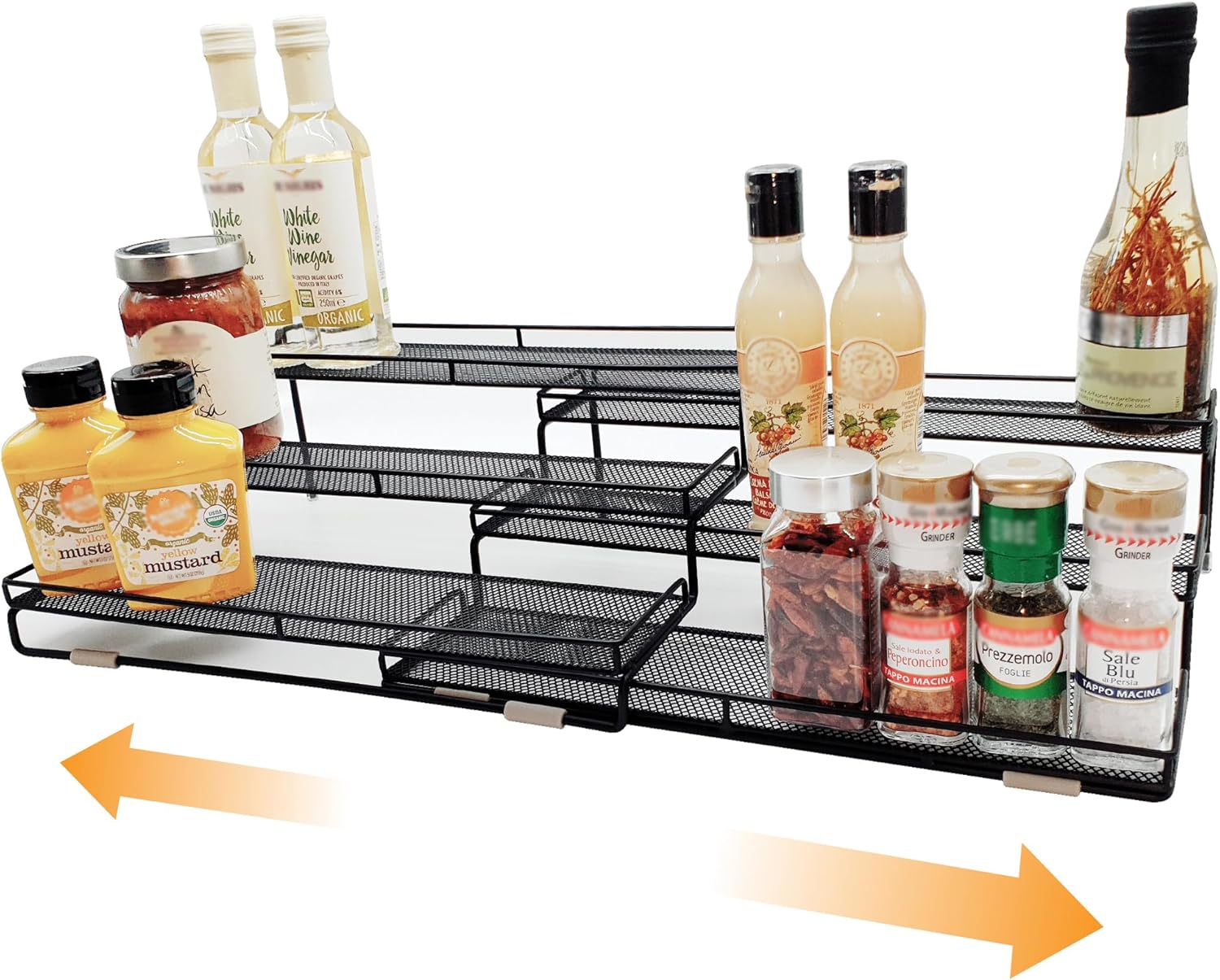 DOTORYDESIGN 3 Tier Wide Expandable Cabinet Spice Rack Organizer (14.5" to 29.1") - Step Shelf with Protection Railing, Black