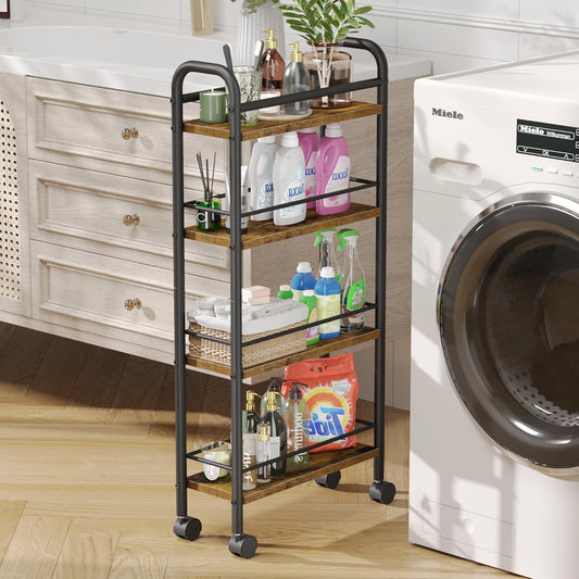 Asgolion Slim Storage Cart, 4 Tier Rolling Utility Cart on Wheels, Slim Bathroom Storage for Small Spaces in Kitchen, Dining Room, Bathroom, Laundry Room Rustic Brown