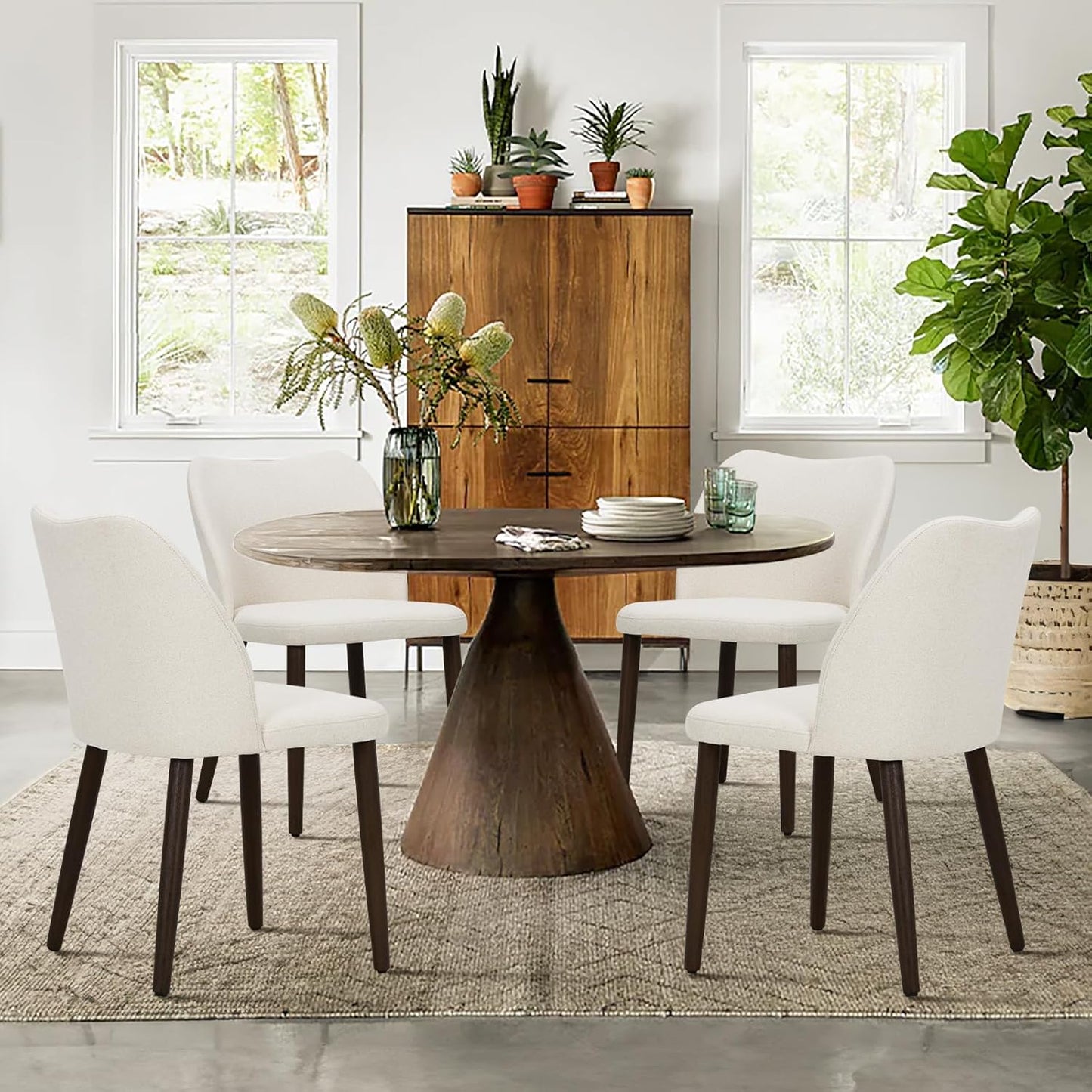 COLAMY Upholstered Dining Chairs Set of 4, Modern Fabric Dining Room Kitchen Side Chair with Padded Seat and Wood Legs for Restaurant\/Cafe, Beige