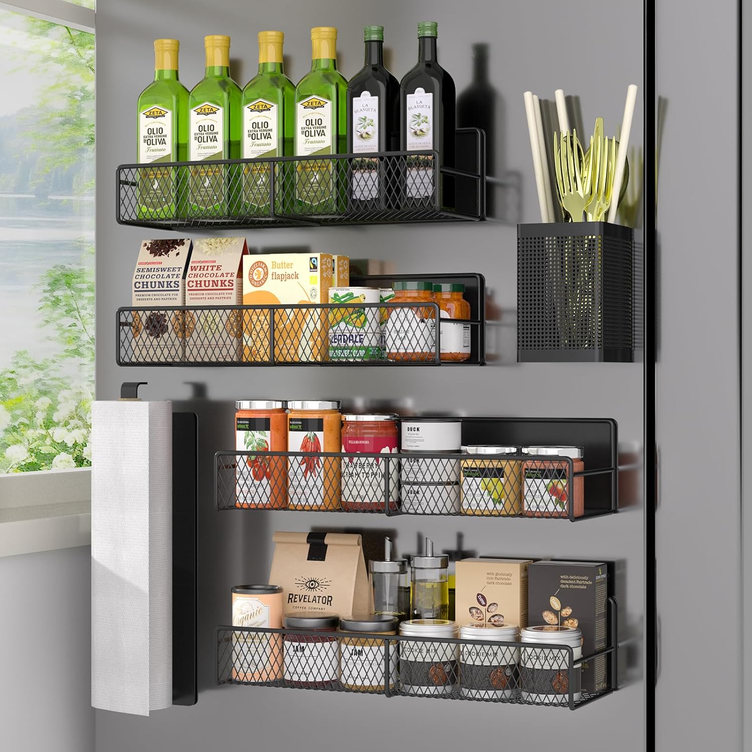 Magnetic Spice Rack for Refrigerator, 6 Pack 100% Metal Strong Magnet Shelf Black, Space Saving Spice Organizer, Home Kitchen Laundry Room Storage Organization W\/ Paper Towel Holder, Utensils Racks