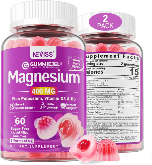 Sugar-Free Magnesium Gummies 400mg | 5-in-1 Complex Magnesium: Glycinate, Citrate, Malate, Chloride & Taurate | with Ashwagandha, Vitamin D3 & Zinc | Muscle, Mood & Energy Support | Vegan, 2-Pack