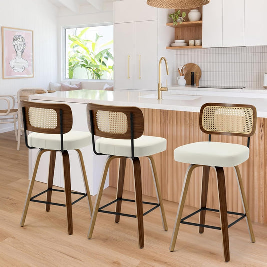 Bekrvio Swivel Counter Height Bar Stools Set of 3, Upholstered Faux Leather Barstools with Rattan Back, 26" Seat Height Bar Chairs for Kitchen Island, Bentwood Wood Frame, Cream White