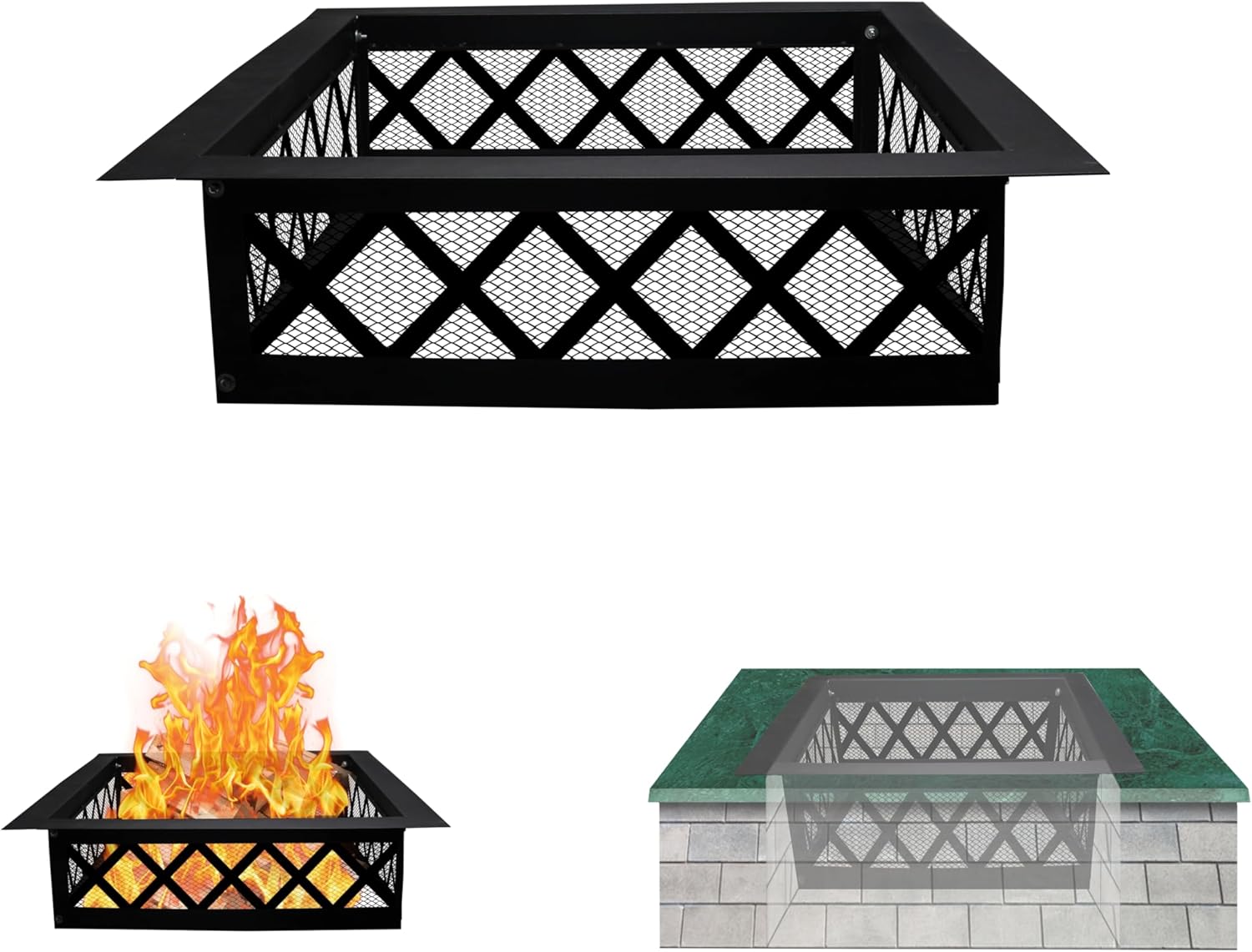 FEBTECH Portable Fire Pit Ring Square - Solid Carbon Steel 36 Inch Square Fire Ring Insert with Crossweave Design & in-Built Spark Protective Mesh – Perfect for Outdoor Gatherings & Camping Bonfires