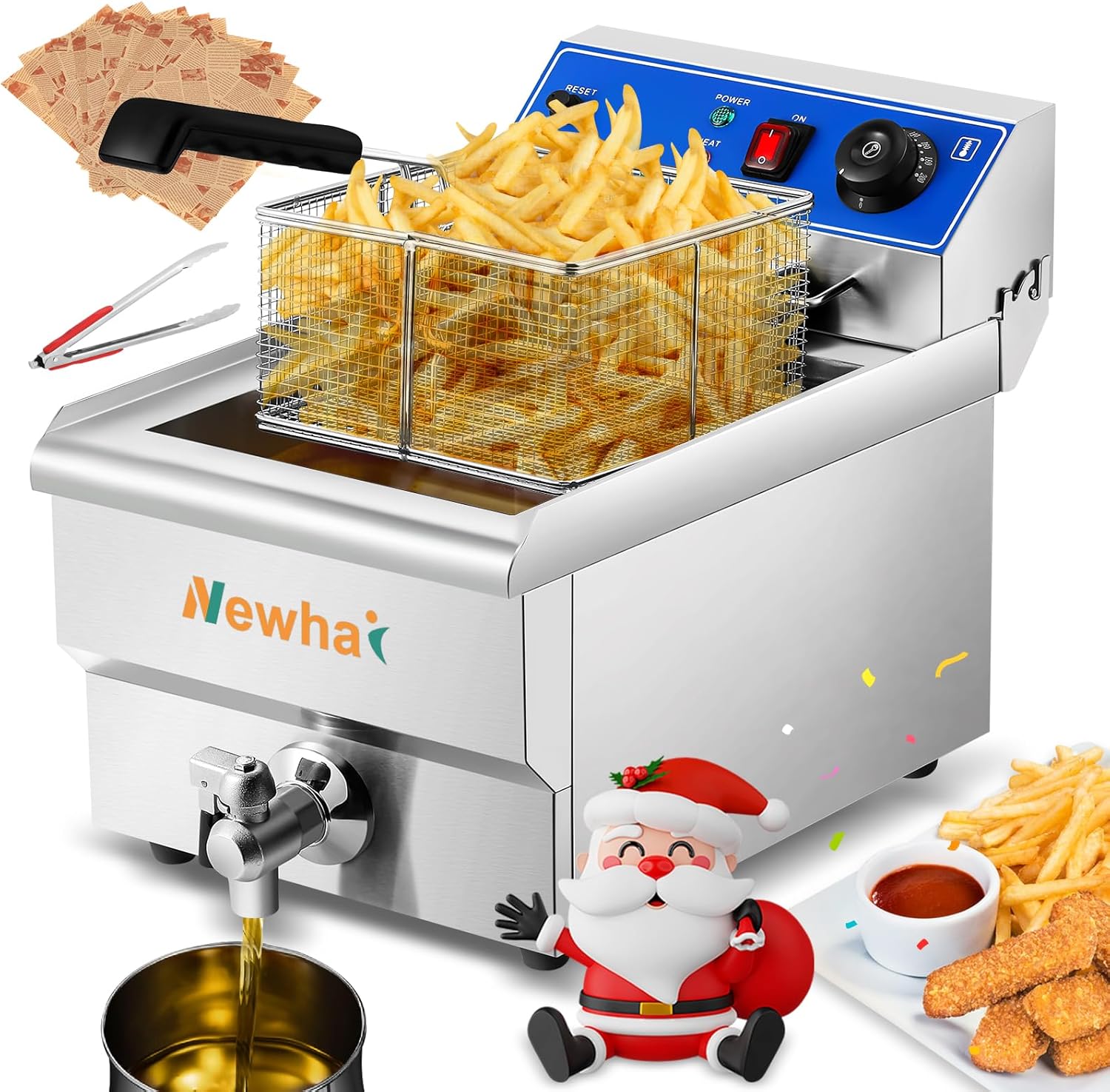 Newhai Electric Deep Fryer 13.7QT Commercial Countertop Frying Machine with Basket Stainless Steel for Restaurant Home 1500W 110V