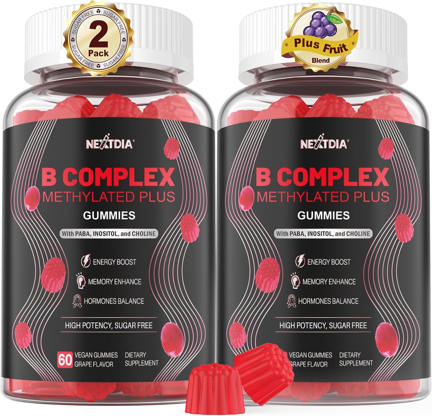 Brain & Mood Support Gummies, Super Vitamin B Complex for Men & Women, All B Vitamin B1 B2 B3 B5 B6 B7 Folate MethyB12 with PABA, Inositol, Choline, Supports MTHFR Gene & Energy, Vegan, 120Ct