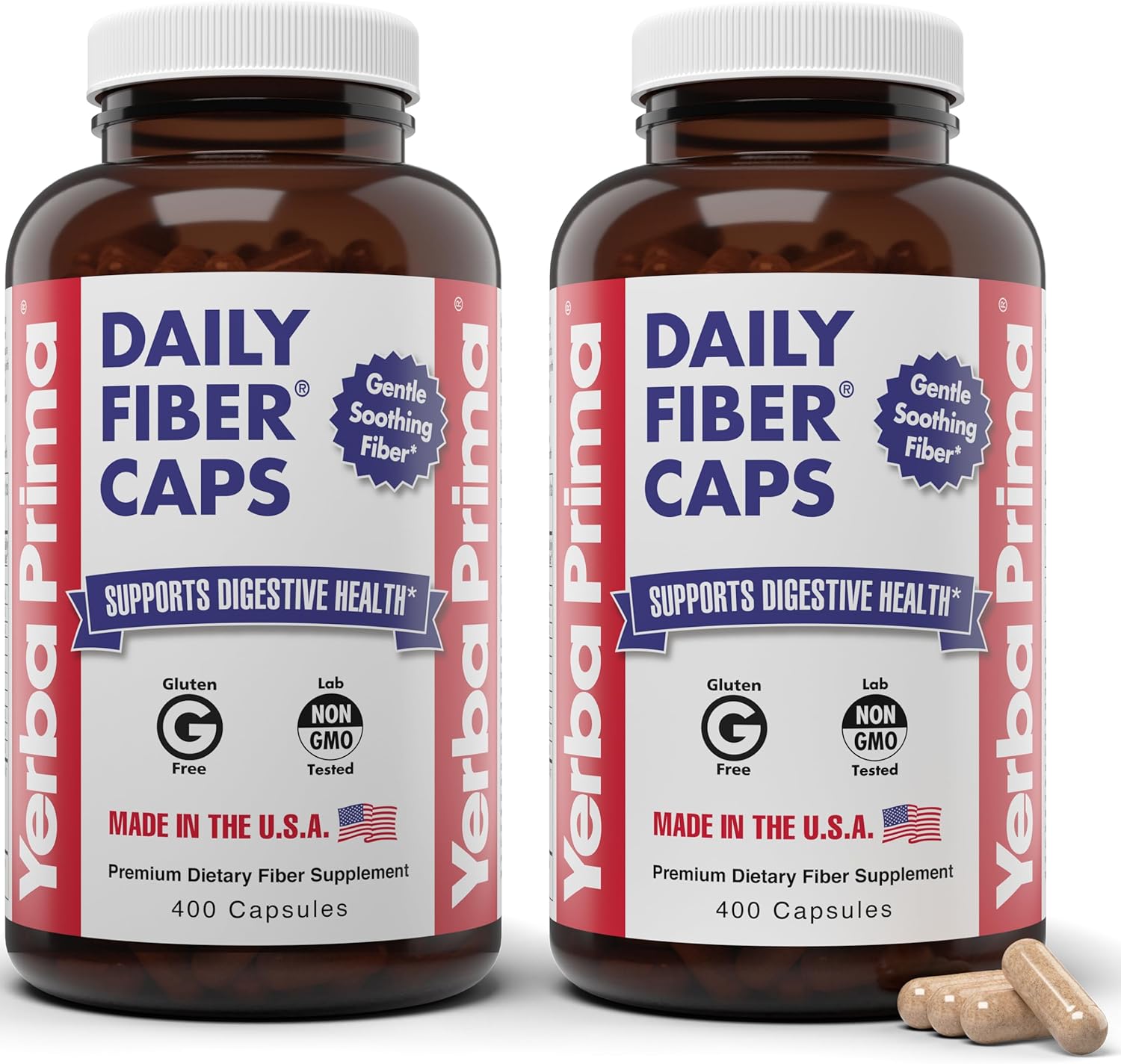Yerba Prima Daily Fiber Caps Formula 400 Capsules (Pack of 2) - Both Soluble\/Insoluble Fiber with Psyllium Seed Husks, Acacia Gum, Apple Fiber Supplement
