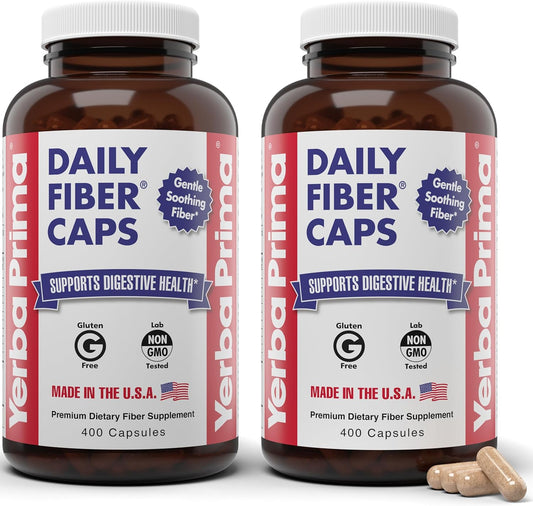 Yerba Prima Daily Fiber Caps Formula 400 Capsules (Pack of 2) - Both Soluble\/Insoluble Fiber with Psyllium Seed Husks, Acacia Gum, Apple Fiber Supplement
